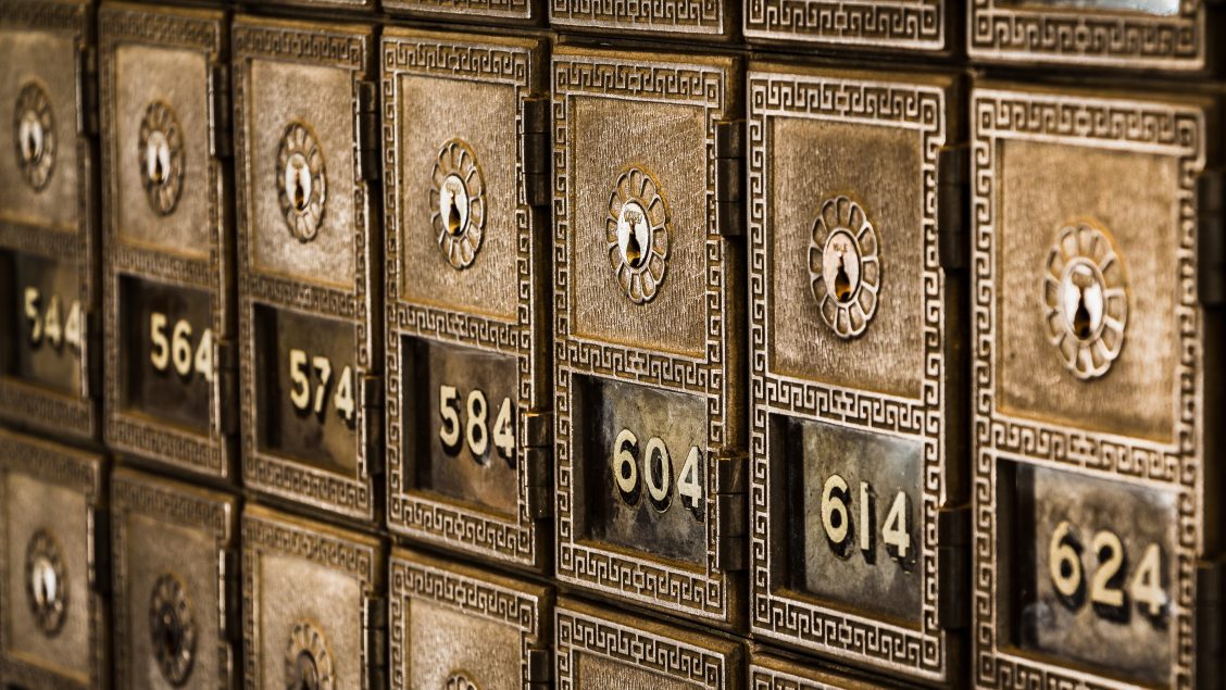 Numbers on metal deposit boxes in a bank